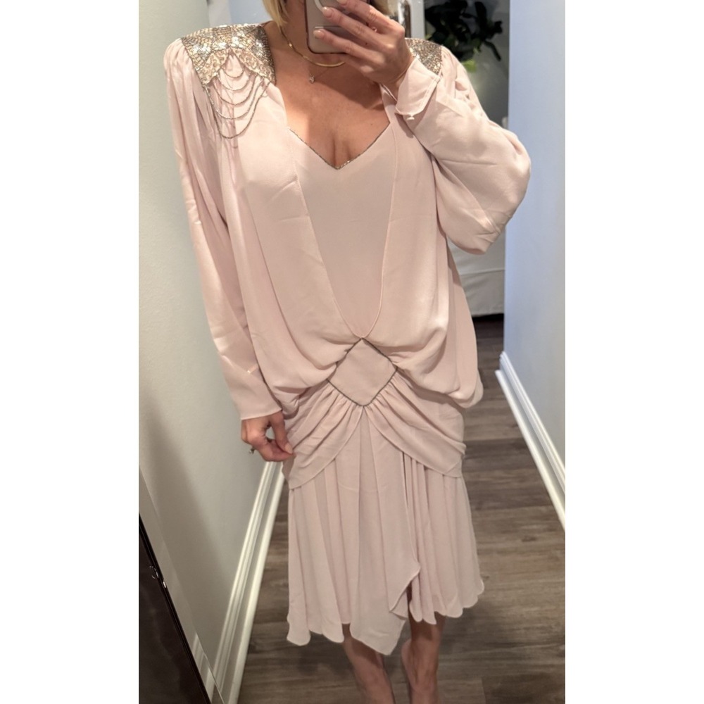 Vintage 1982 Eletra Casadei Blush Pink Chiffon Beaded Dress 80s Golden Girls M